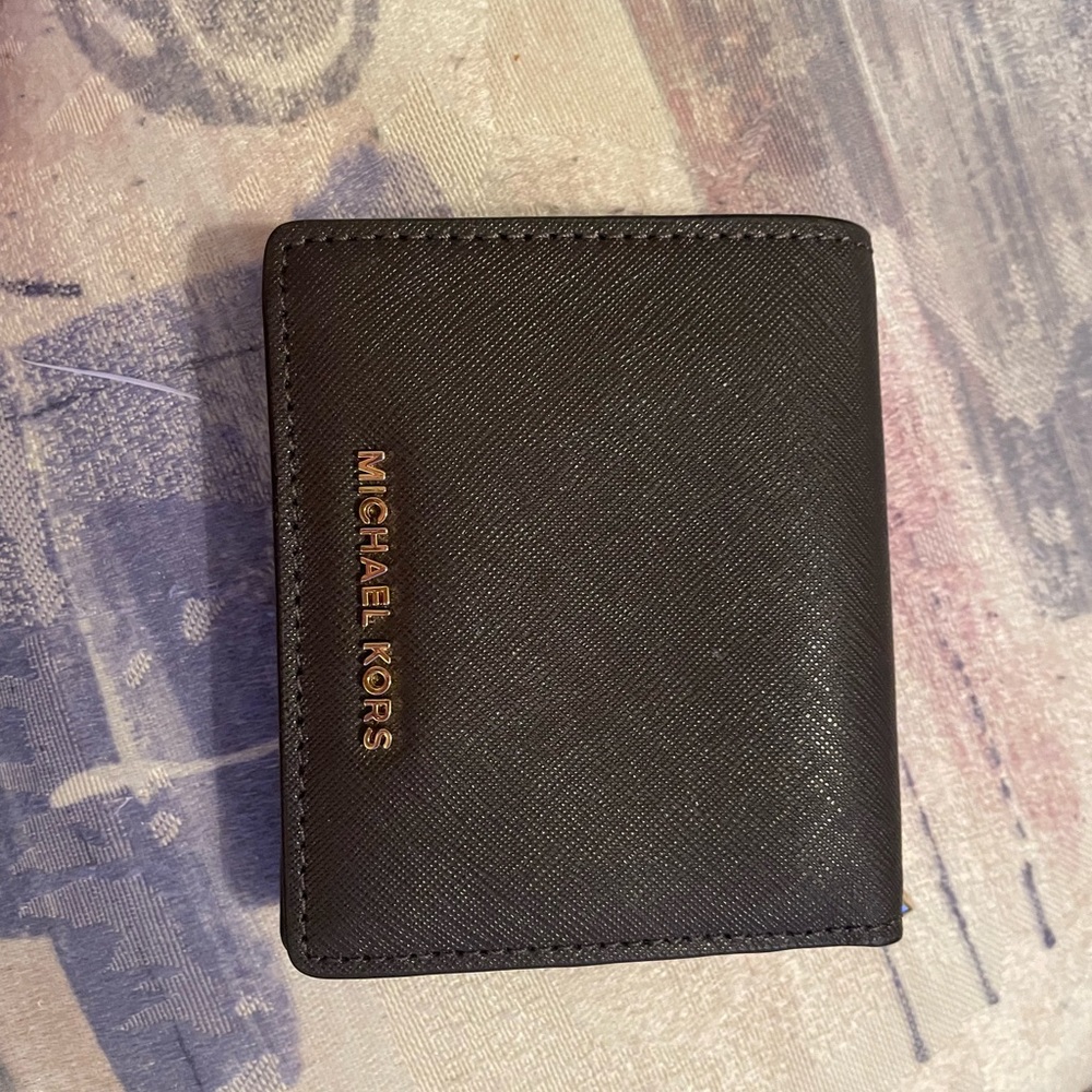 Michael Kors Saffiano Leather Card Holder with Coin Pouch in dark brown